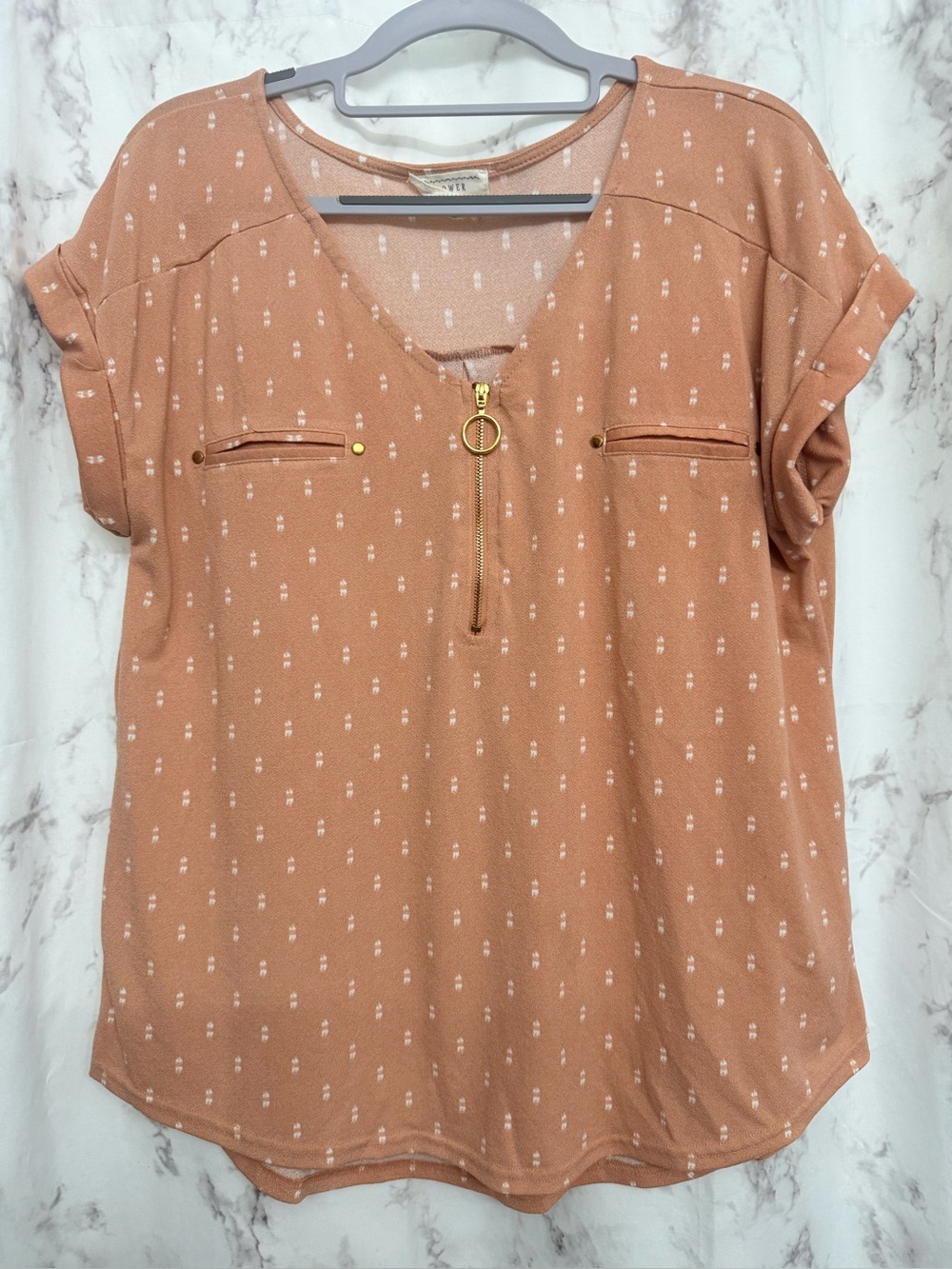 Flower & Feather Rose-Tan Short Sleeve Zip Front Blouse